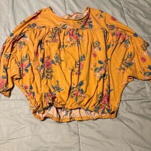 Time and Tru Mustard Floral Gathered Hem Tunic